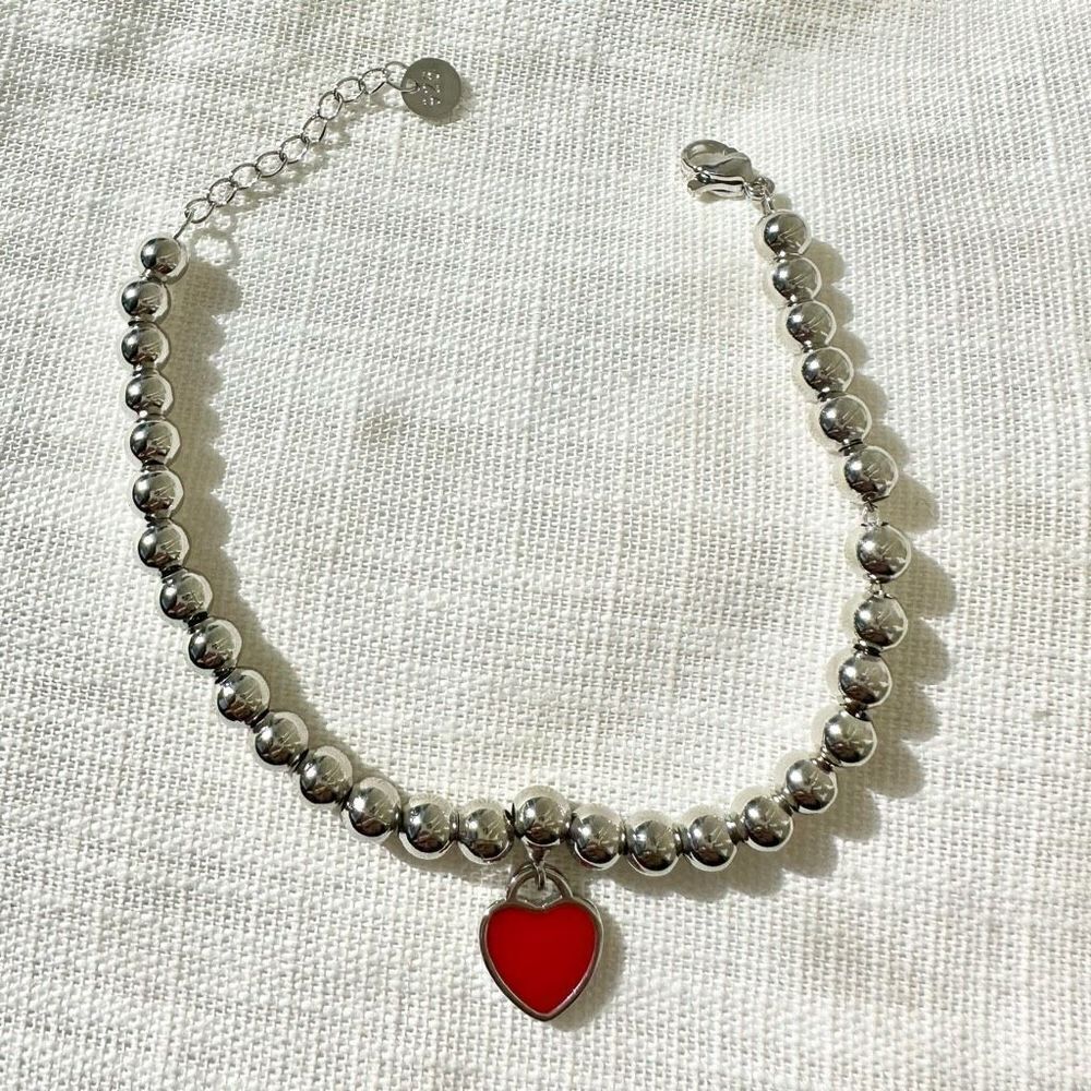 Silver bead red heart bracelet